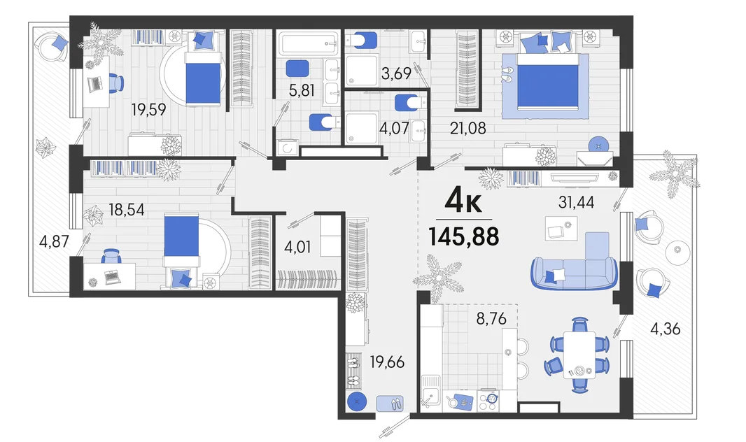 Планировка 4-комн. квартира, 146.65 м² ЖК «Белые Росы 2»