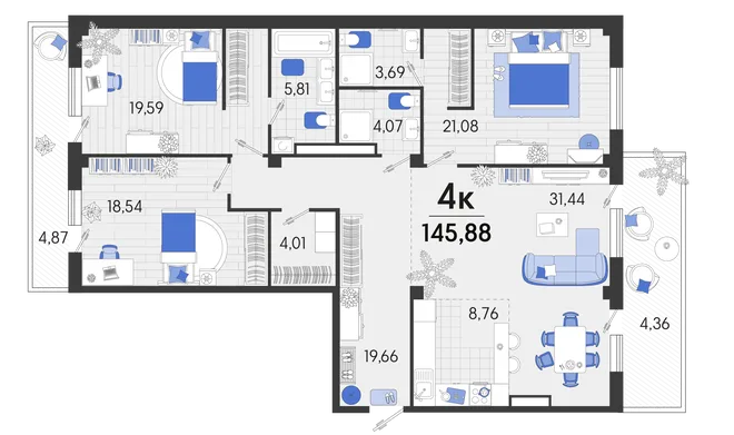 Планировка 4-комн. квартира, 146.65 м² ЖК «Белые Росы 2» Планировка 4-комн. квартира, 146.65 м² ЖК «Белые Росы 2»