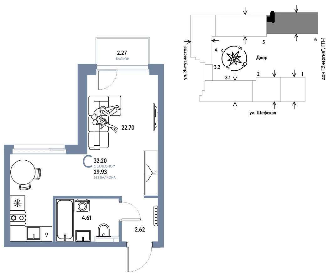 Планировка Студия, 32.2 м² ЖК «Страна.Энтузиастов»