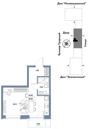Планировка Студия, 30.9 м² ЖК «Микрорайон Домашний»
