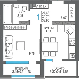 Планировка 1-комн. квартира, 30.72 м² ЖК «На Фонтанке»