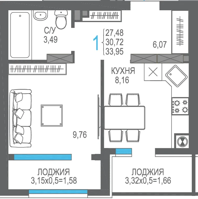 Планировка 1-комн. квартира, 30.72 м² ЖК «На Фонтанке» Планировка 1-комн. квартира, 30.72 м² ЖК «На Фонтанке»
