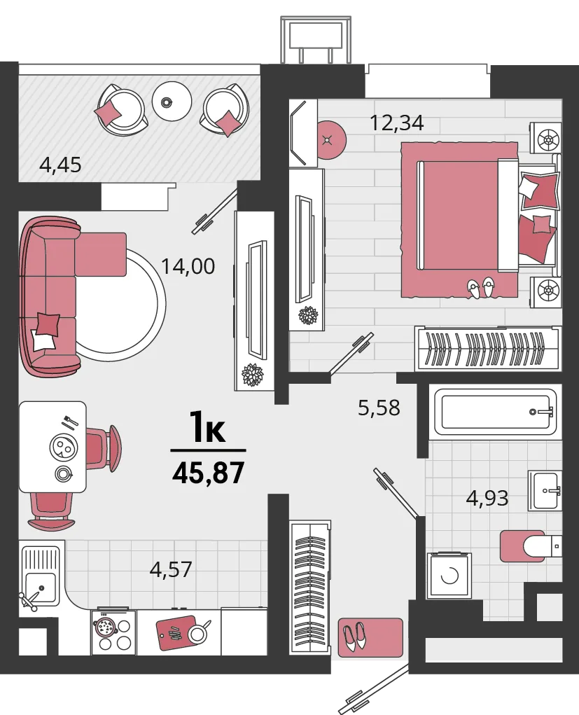 Планировка 2-комн. квартира, 45.87 м² ЖК «Родные просторы»