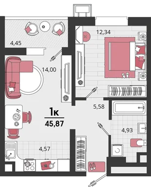 Планировка 2-комн. квартира, 45.87 м² ЖК «Родные просторы»