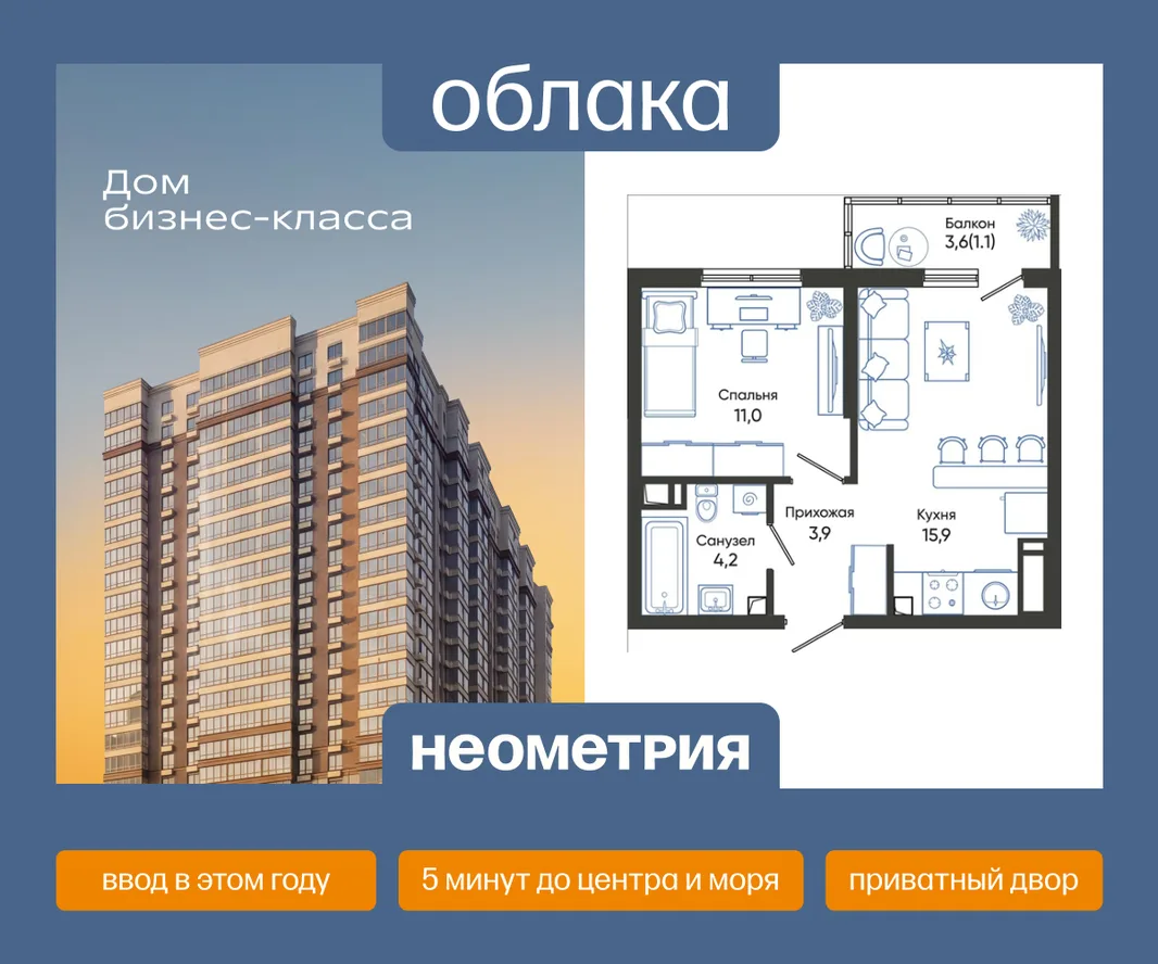 Планировка 1-комн. квартира, 36.1 м² ЖК «Облака»