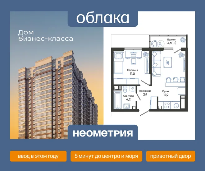 Планировка 1-комн. квартира, 36.1 м² ЖК «Облака»