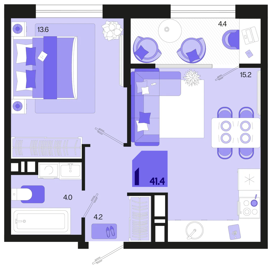 Планировка 1-комн. квартира, 41.4 м² ЖК «Первое место»