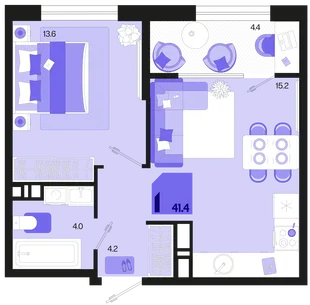Планировка 1-комн. квартира, 41.4 м² ЖК «Первое место»