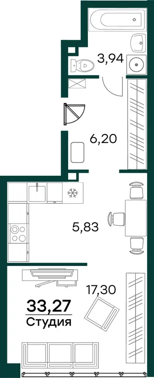 Квартира Студия, 33.27 м² ЖК «Аквамарин 2» Фото 2 Квартира Студия, 33.27 м² ЖК «Аквамарин 2» Фото 2