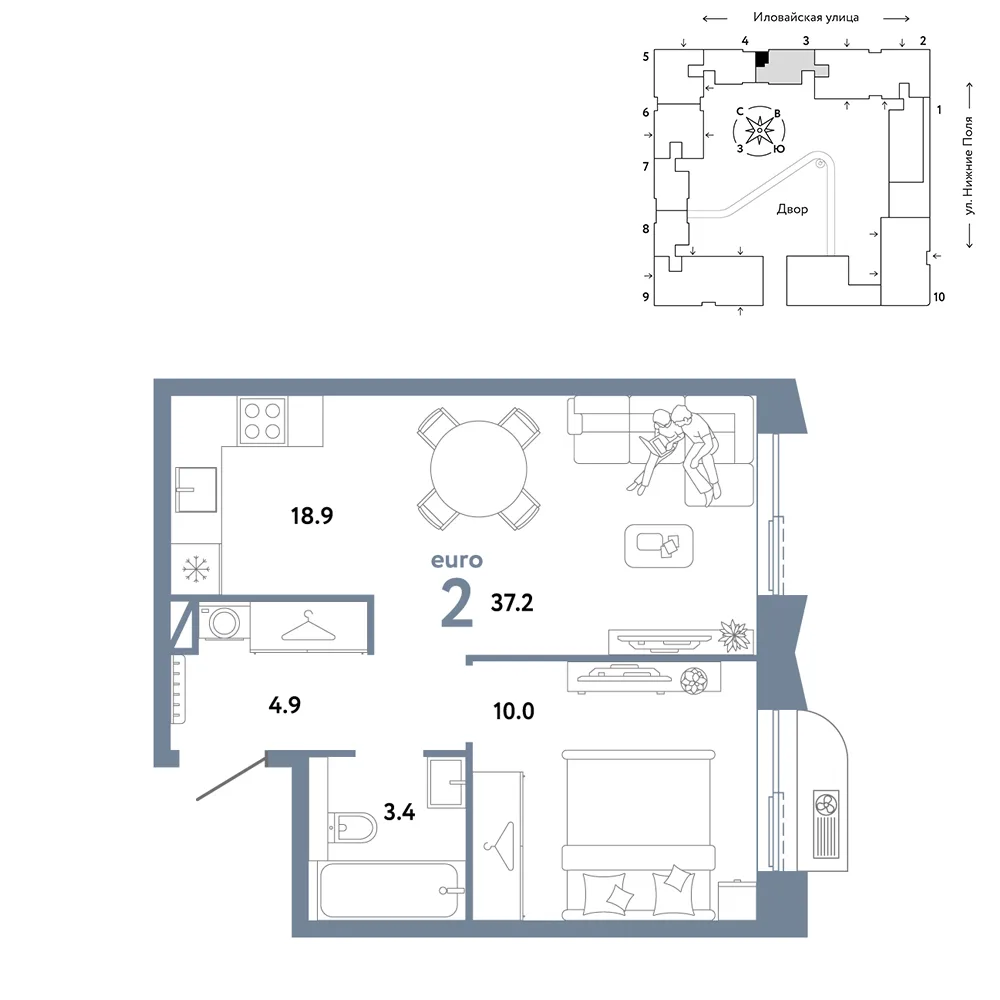 Планировка 2-комн. квартира, 37.2 м² ЖК «Страна.Заречная»