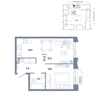 Планировка 2-комн. квартира, 37.2 м² ЖК «Страна.Заречная»