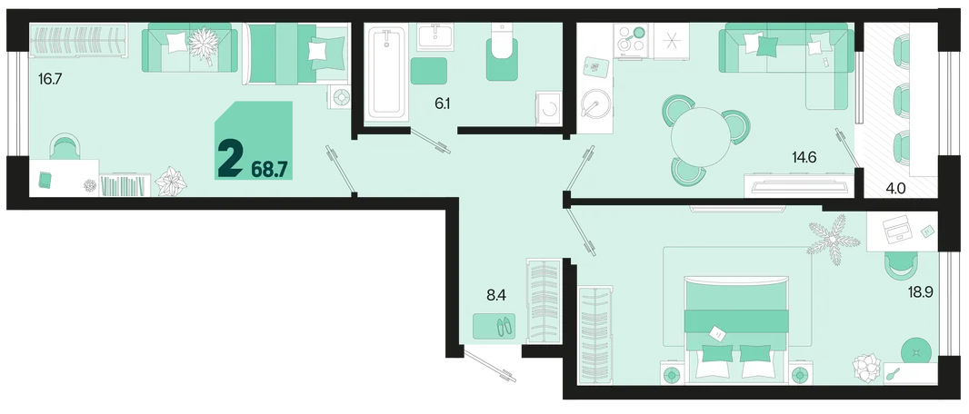Планировка 2-комн. квартира, 68.7 м² ЖК «Первое место»