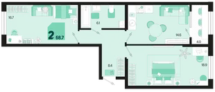 Планировка 2-комн. квартира, 68.7 м² ЖК «Первое место»