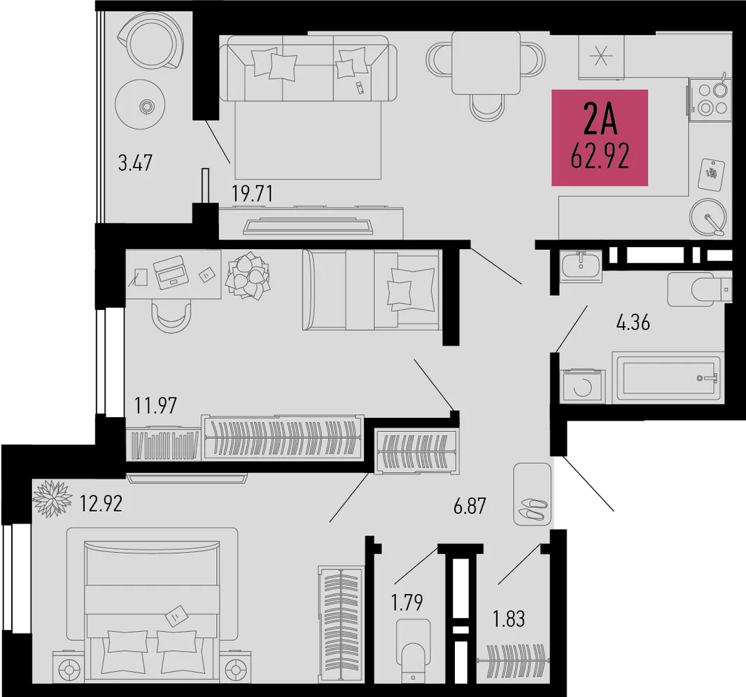 Планировка 2-комн. квартира, 62.92 м² ЖК «Столицыно»