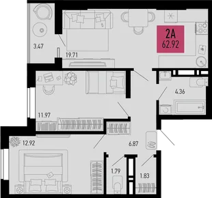 Планировка 2-комн. квартира, 62.92 м² ЖК «Столицыно»