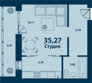 Планировка 1-комн. квартира, 35.27 м² ЖК «Город природы»