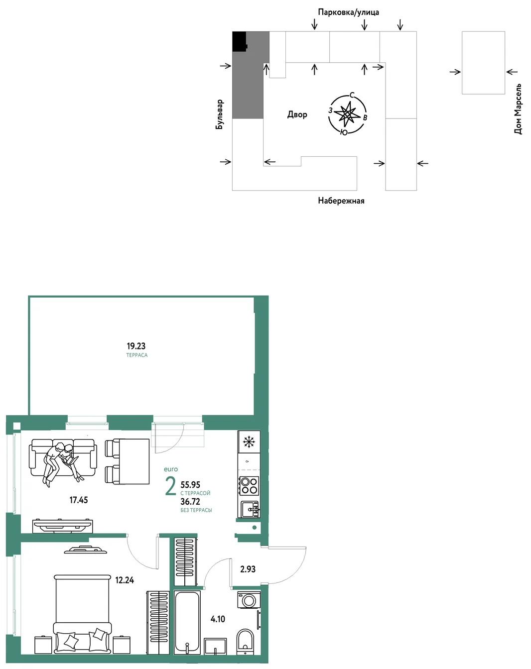 Планировка 2-комн. квартира, 55.95 м² ЖК «Европейский берег 2.0»
