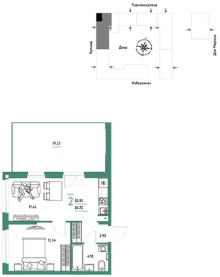 Планировка 2-комн. квартира, 55.95 м² ЖК «Европейский берег 2.0»