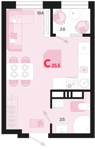 Планировка Студия, 25.5 м² ЖК «Первое место»