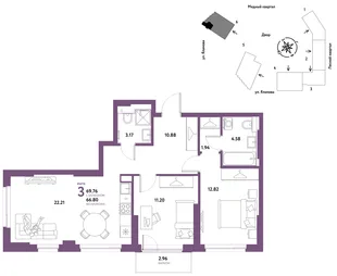 Планировка 3-комн. квартира, 69.76 м² ЖК «Сибирский сад»
