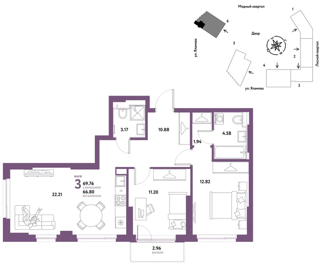 Планировка 3-комн. квартира, 69.76 м² ЖК «Сибирский сад» Планировка 3-комн. квартира, 69.76 м² ЖК «Сибирский сад»