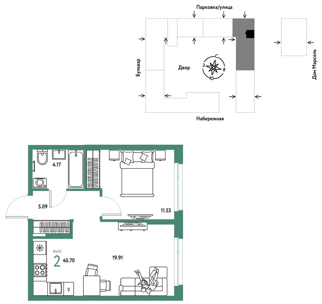 Планировка 2-комн. квартира, 40.7 м² ЖК «Европейский берег 2.0»