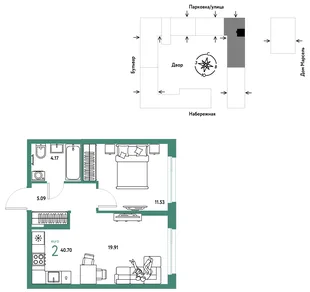 Планировка 2-комн. квартира, 40.7 м² ЖК «Европейский берег 2.0»