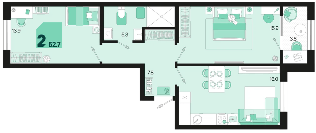 Планировка 2-комн. квартира, 62.7 м² ЖК «Первое место»