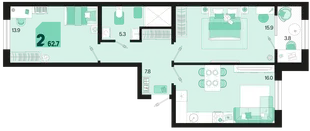 Планировка 2-комн. квартира, 62.7 м² ЖК «Первое место»