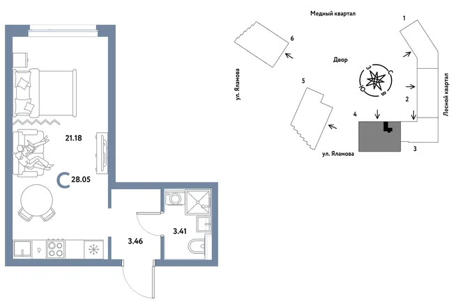 Планировка Студия, 28.05 м² ЖК «Сибирский сад»