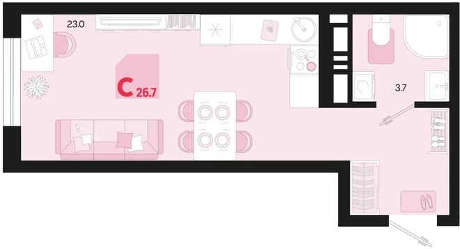 Планировка Студия, 26.7 м² ЖК «Первое место» Планировка Студия, 26.7 м² ЖК «Первое место»
