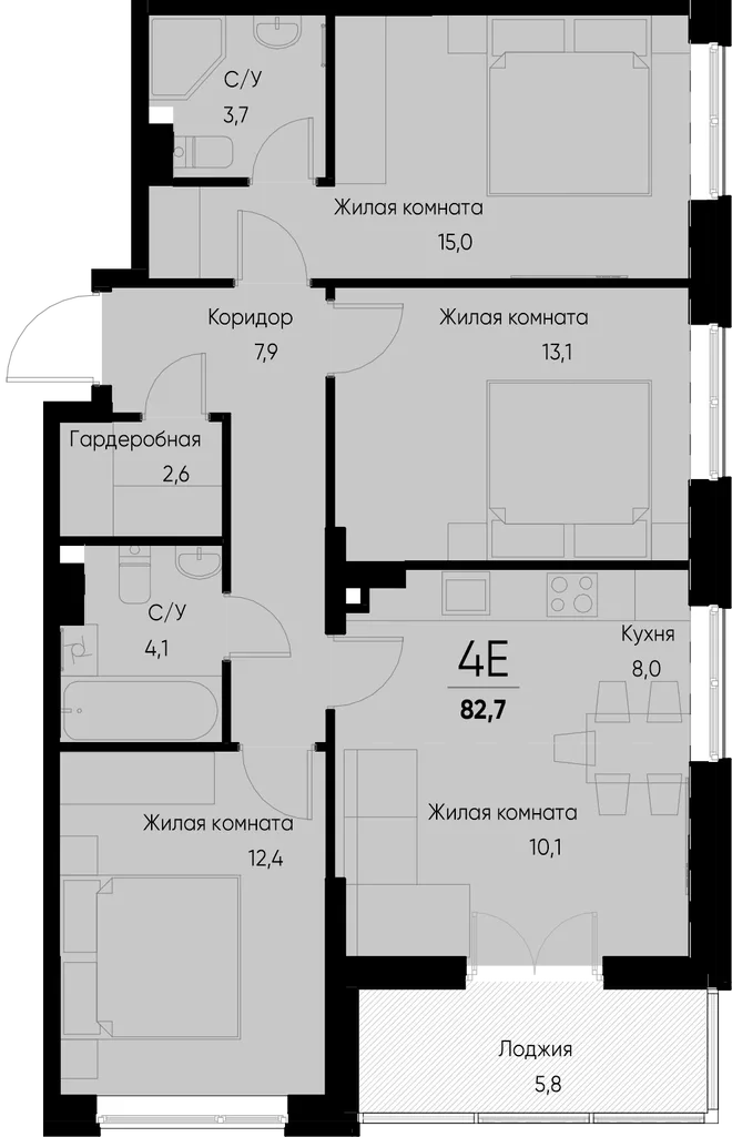 Планировка 4-комн. квартира, 82.7 м² ЖК «Васильевский остров» Планировка 4-комн. квартира, 82.7 м² ЖК «Васильевский остров»