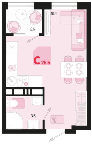 Планировка Студия, 25.5 м² ЖК «Первое место»