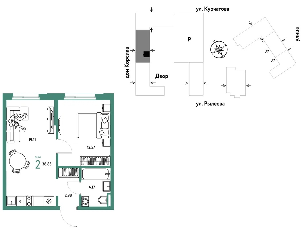 Планировка 2-комн. квартира, 38.83 м² ЖК «Остров-сад»