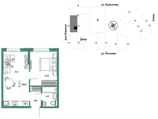 Планировка 2-комн. квартира, 38.83 м² ЖК «Остров-сад»