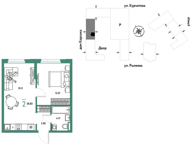 Планировка 2-комн. квартира, 38.83 м² ЖК «Остров-сад» Планировка 2-комн. квартира, 38.83 м² ЖК «Остров-сад»