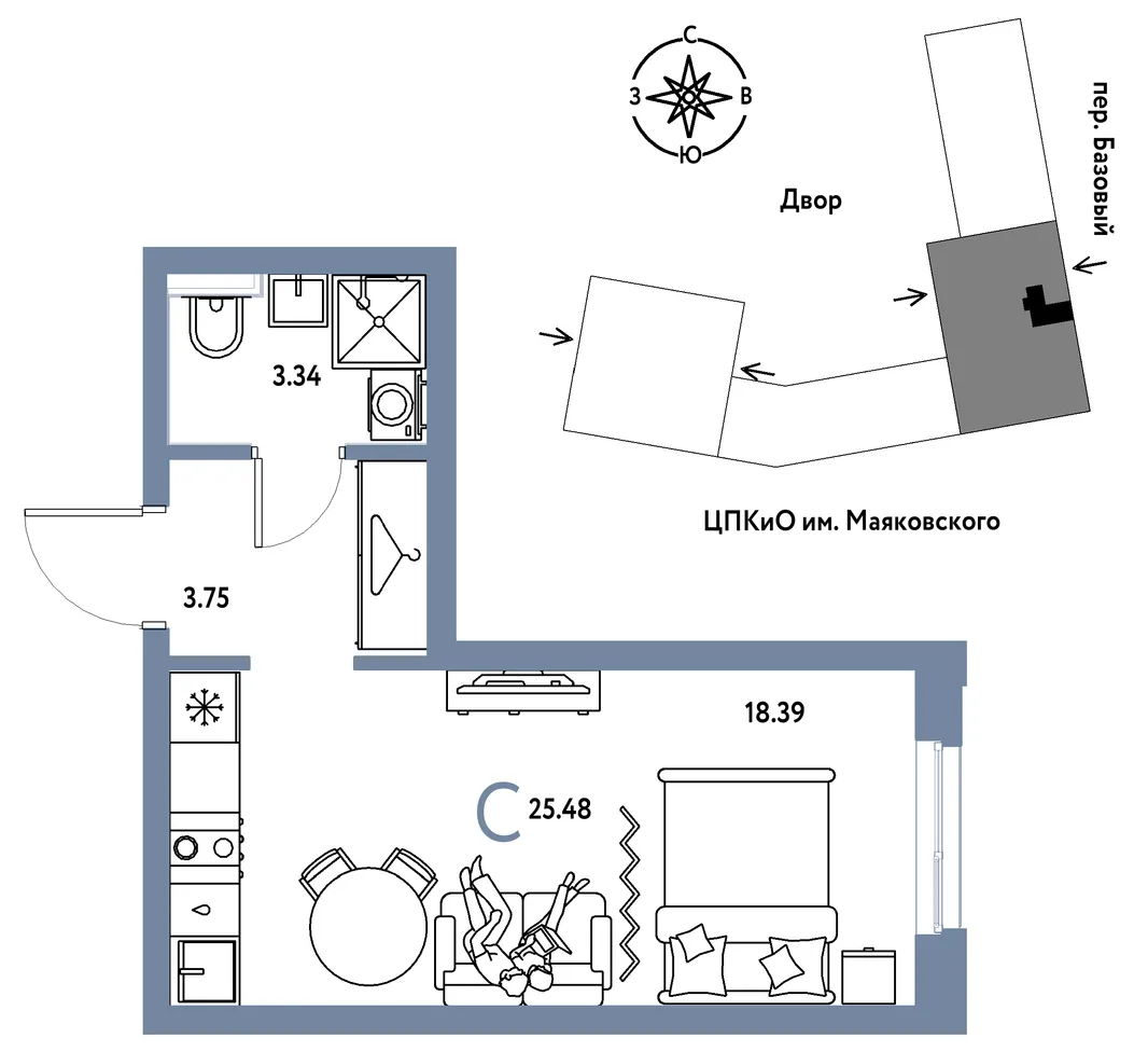 Планировка Студия, 25.48 м² ЖК «Сибирский сад»