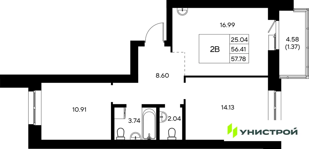 Планировка 2-комн. квартира, 57.78 м² ЖК «Царёво City»