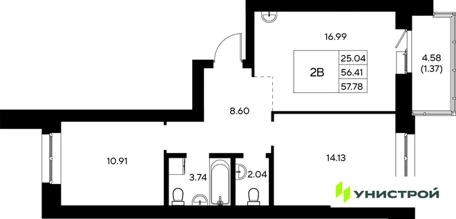 Планировка 2-комн. квартира, 57.78 м² ЖК «Царёво City»