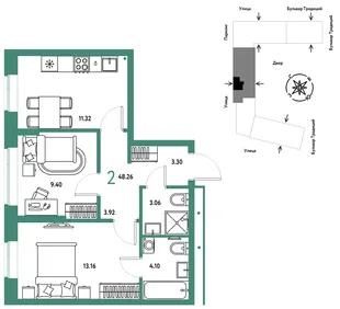 Планировка 2-комн. квартира, 48.26 м² ЖК «Микрорайон Домашний»