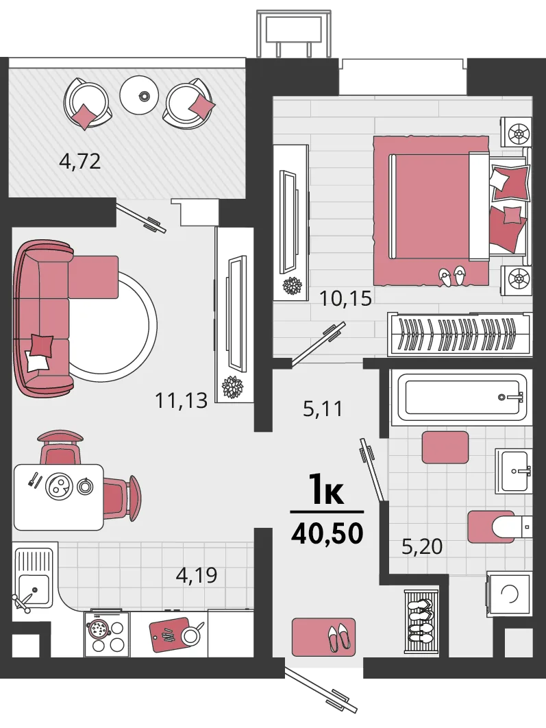 Планировка 2-комн. квартира, 40.5 м² ЖК «Родные просторы»