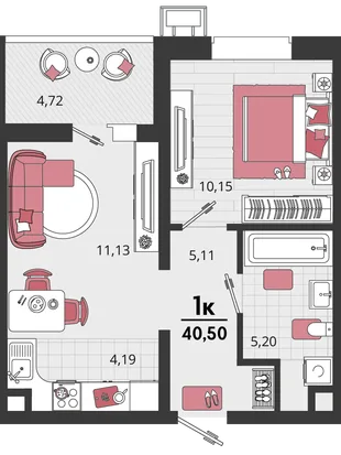 Планировка 2-комн. квартира, 40.5 м² ЖК «Родные просторы»