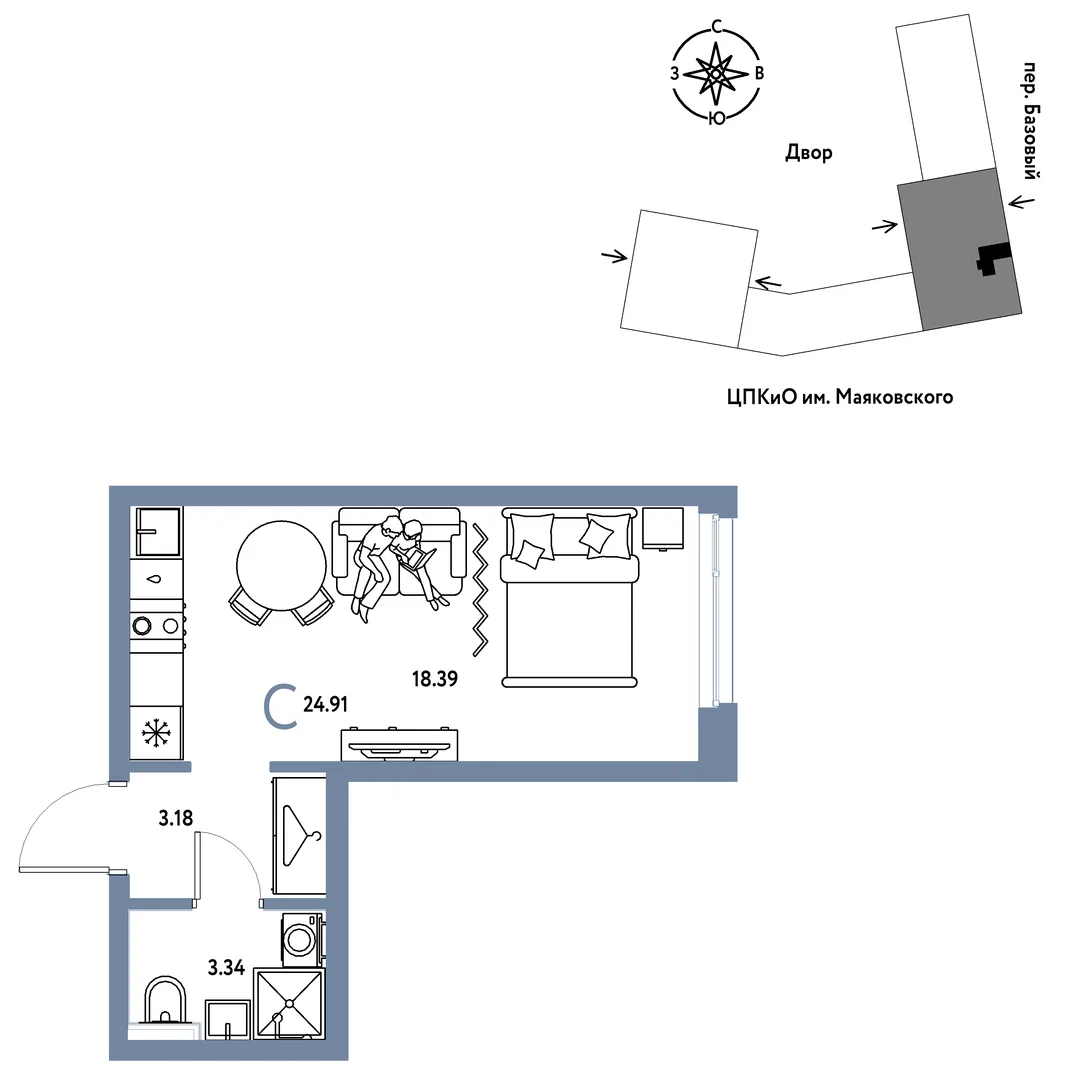 Планировка Студия, 24.91 м² ЖК «Сибирский сад»