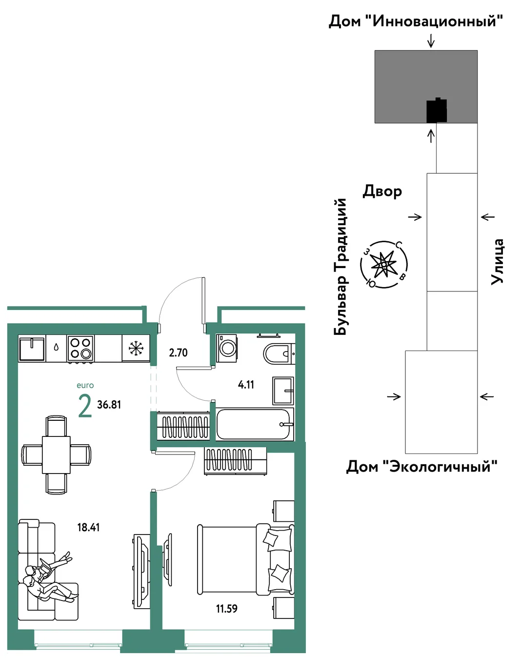 Планировка 2-комн. квартира, 36.81 м² ЖК «Микрорайон Домашний»