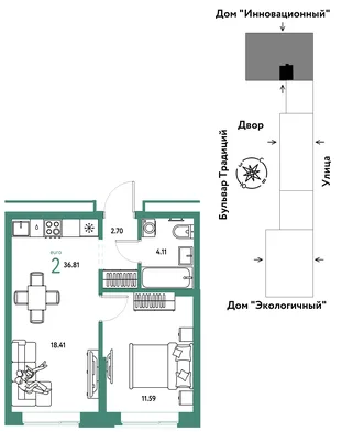 Планировка 2-комн. квартира, 36.81 м² ЖК «Микрорайон Домашний»
