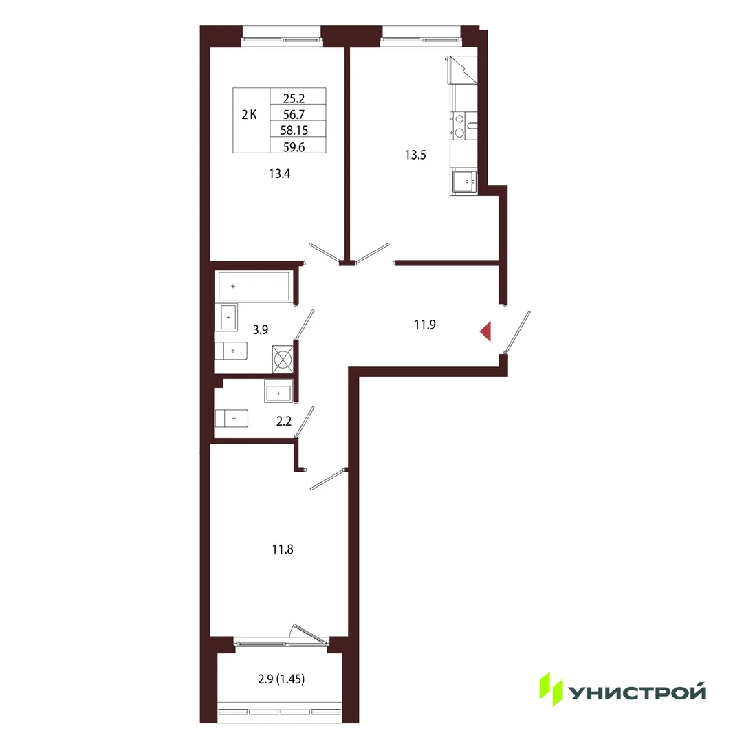 Планировка 2-комн. квартира, 58.15 м² ЖК «Лисино»