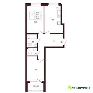 Планировка 2-комн. квартира, 58.15 м² ЖК «Лисино»