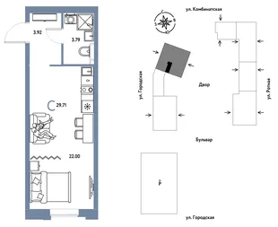 Планировка Студия, 29.71 м² ЖК «Уральский сад»