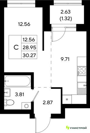 Планировка 1-комн. квартира, 30.27 м² ЖК «Уникод На Залесной»