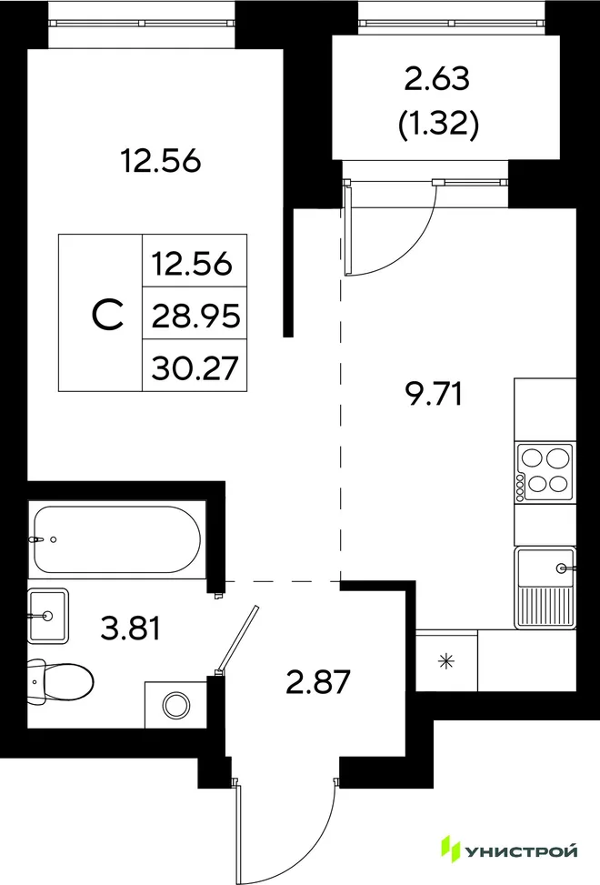 Планировка 1-комн. квартира, 30.27 м² ЖК «Уникод На Залесной»